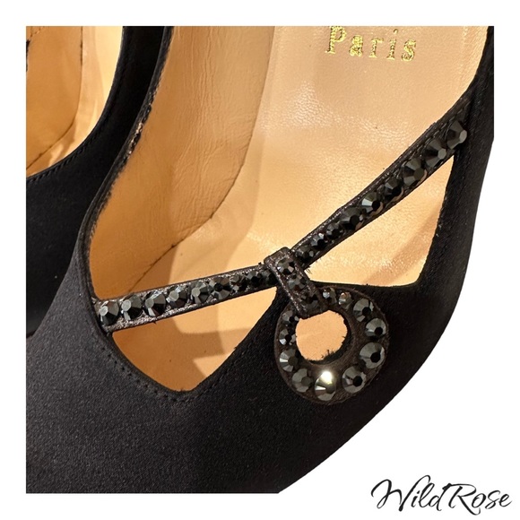 CHRISTIAN LOUBOUTIN Black Satin Rhinestone Embellished Heels SZ 38 - Picture 4 of 15